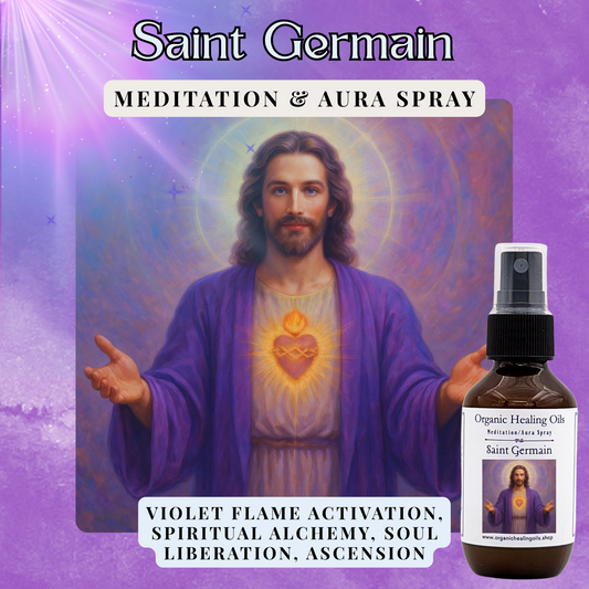 Meditation aura spray bottle with Saint Germain image, violet flame activation, spiritual alchemy, and soul liberation theme on purple background