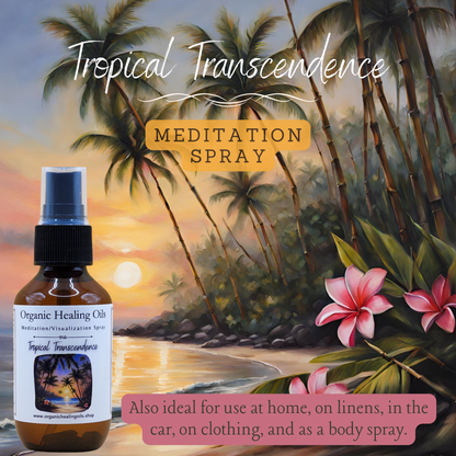 A tropical beach scene at sunset with palm trees and pink frangipani flowers, accompanied by a bottle of 'Tropical Transcendence' Meditation Spray from Organic Healing Oils.