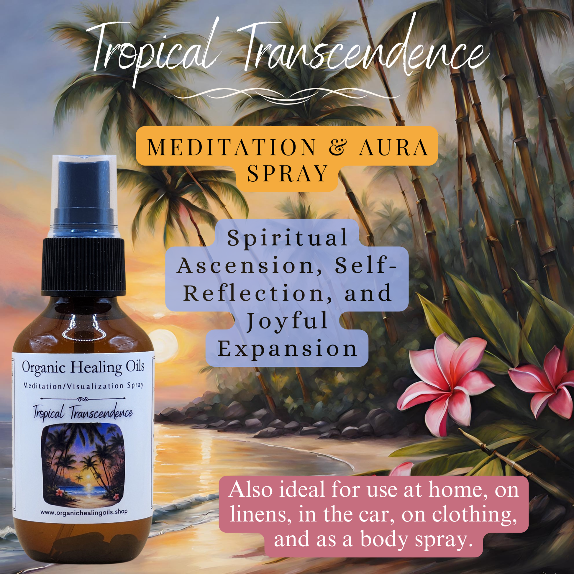 Meditation Aura Spray with Tropical Transcendence scent, designed for self-discovery, emotional healing, and spiritual ascension.