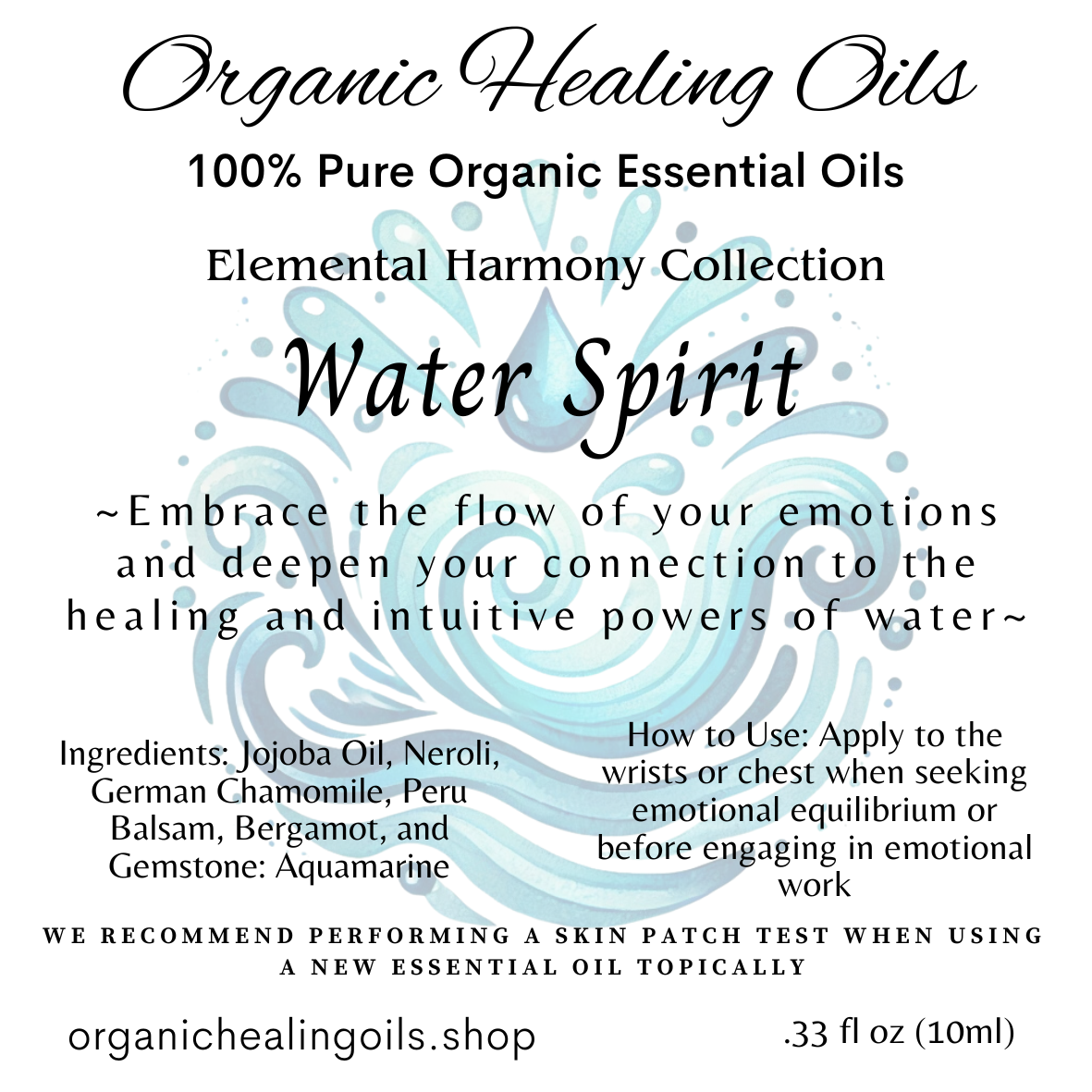 A label for Water Spirit  elemental essential oil from the Elemental Harmony Collection, depicted with flowing water and wave designs in soothing blues, along with water symbols for Cancer, Scorpio, and Pisces. The label promotes emotional balance and intuitive insight.