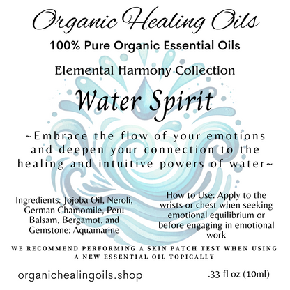 A label for Water Spirit  elemental essential oil from the Elemental Harmony Collection, depicted with flowing water and wave designs in soothing blues, along with water symbols for Cancer, Scorpio, and Pisces. The label promotes emotional balance and intuitive insight.