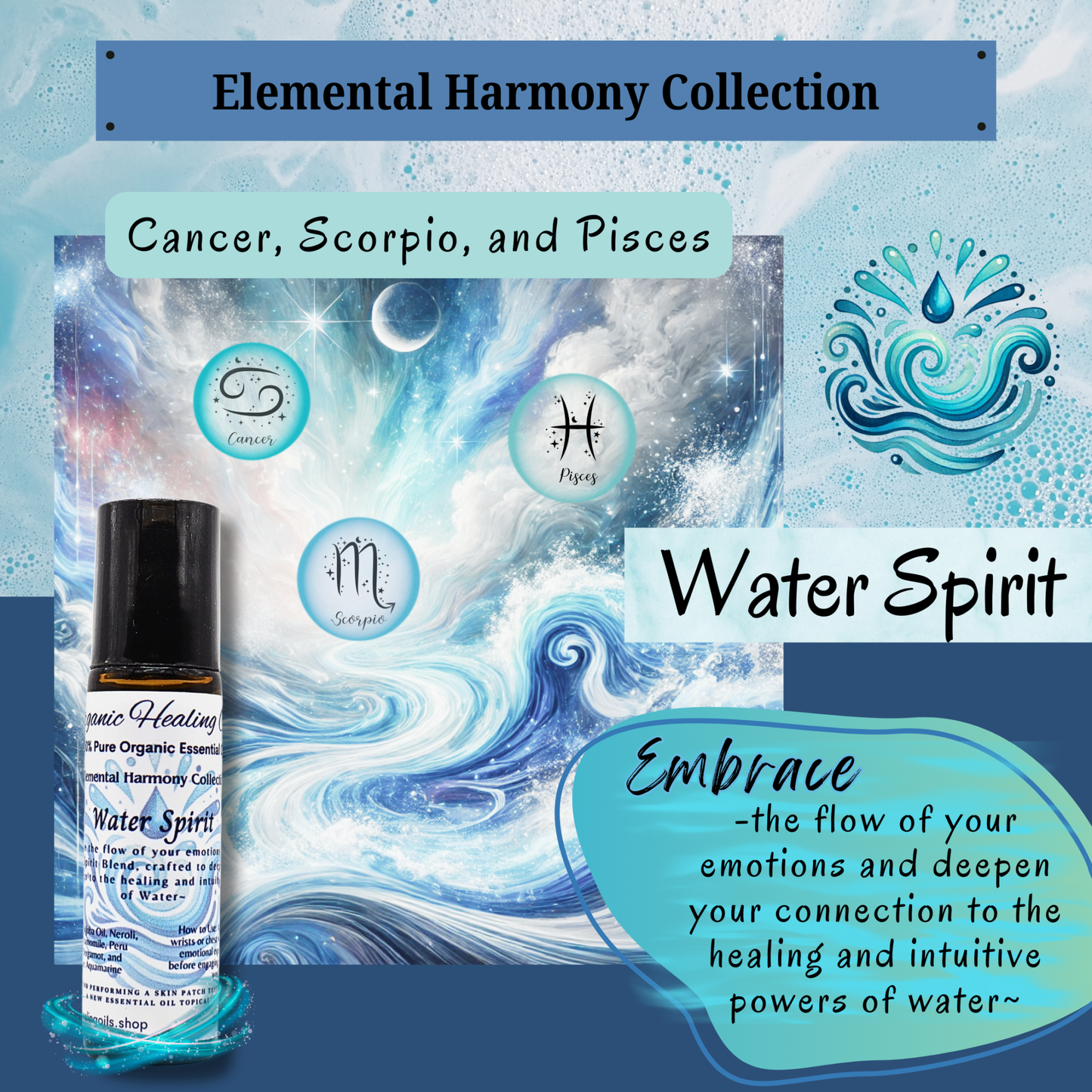 The promotional graphic for Water Spirit elemental oil from the Elemental Harmony Collection illustrates a serene water-themed background with zodiac symbols for Cancer, Scorpio, and Pisces. A roller bottle of Water Spirit essential oil blend is featured, aimed at enhancing emotional depth and intuition.