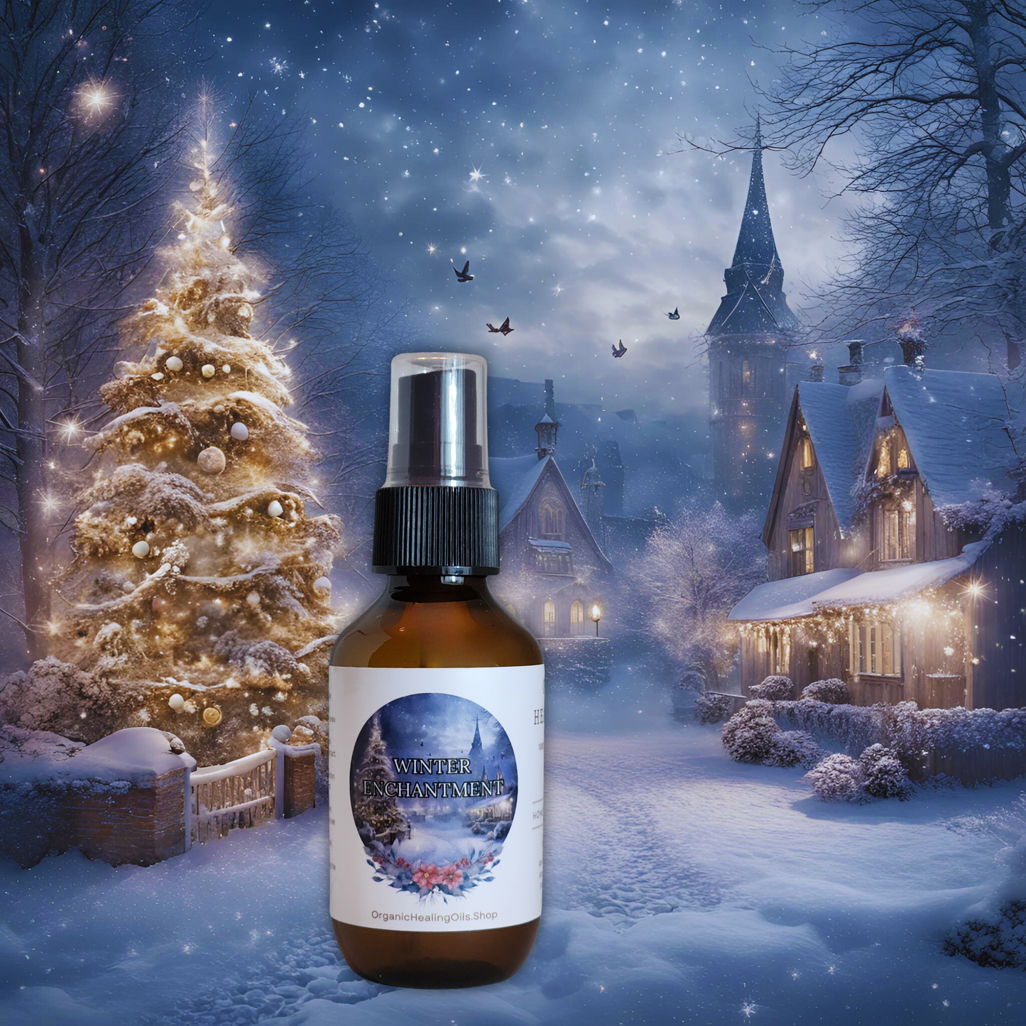 Winter Enchantment spray bottle by Organic Healing Oils, in front of a snowy winter village scene with a decorated Christmas tree and lit houses. The background captures the magic and serenity of a winter wonderland, perfect for the holiday season.