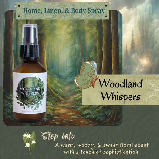 AD for Woodland Whispers home, linen, and body spray by Organic Healing Oils, in front of a serene forest path surrounded by lush greenery. The scene conveys the calm and grounding ambiance of a woodland retreat, highlighting the natural essence of the spray.